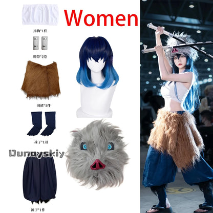 Anime Demon Slayer Hashibira Inosuke Cosplay Costume | Unisex S–L Outfit with Pig Mask for Halloween, Carnival & Comic Con
