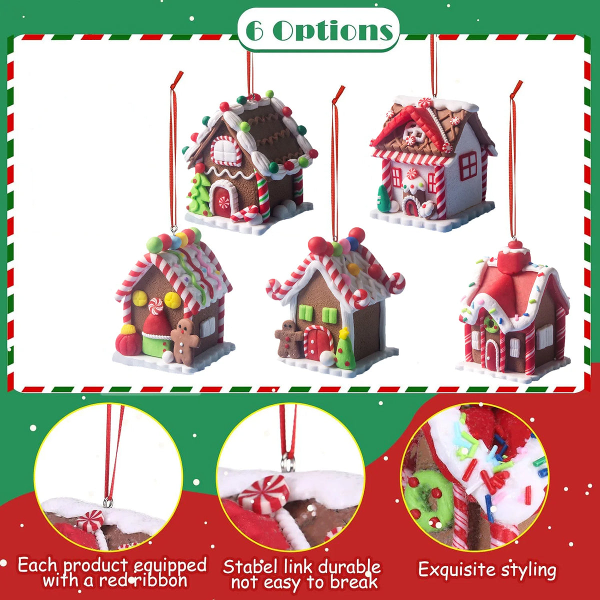 5PCS Gingerbread House Christmas Ornaments – Holiday Tree Hanging Decorations with Rope, Gingerbread House Decor for Xmas & Home