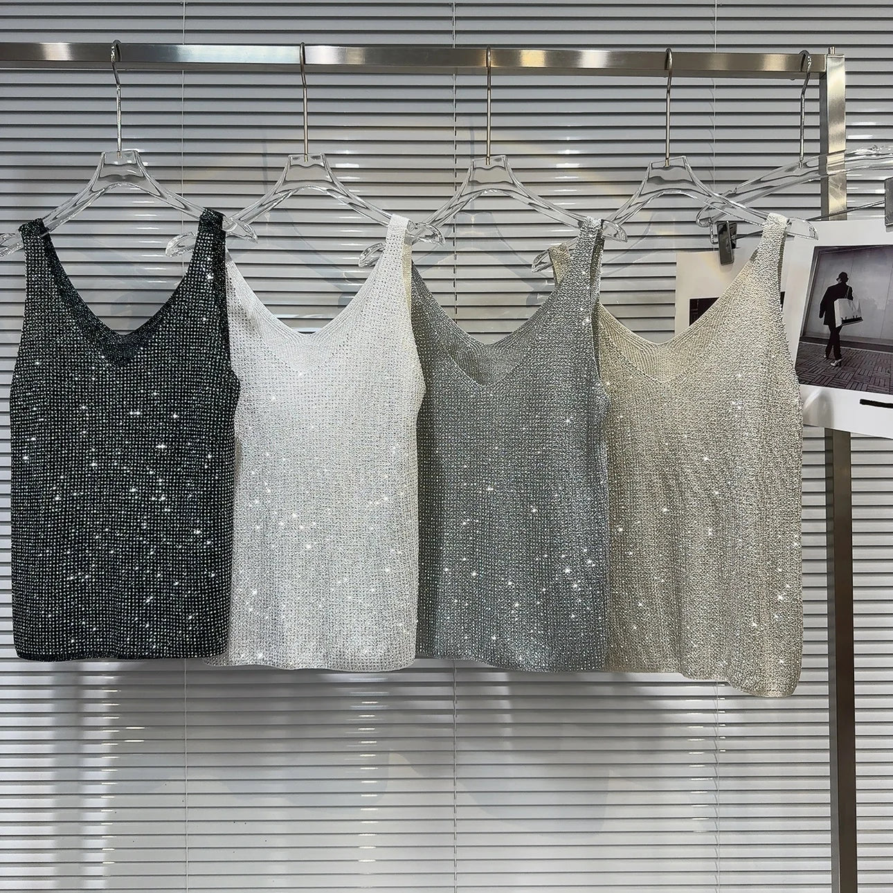 Women's Summer V-Neck Rhinestone Tank Top – Loose Sleeveless Bling Top with Sparkly Diamond Embellishments