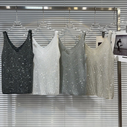 Women's Summer V-Neck Rhinestone Tank Top – Loose Sleeveless Bling Top with Sparkly Diamond Embellishments