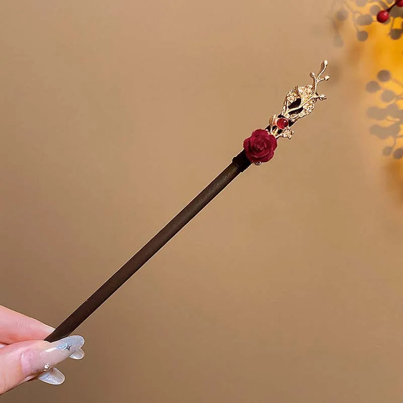 Vintage Chinese Wooden Hair Stick with Red Flower – Hanfu Hairpin Hair Fork for Women