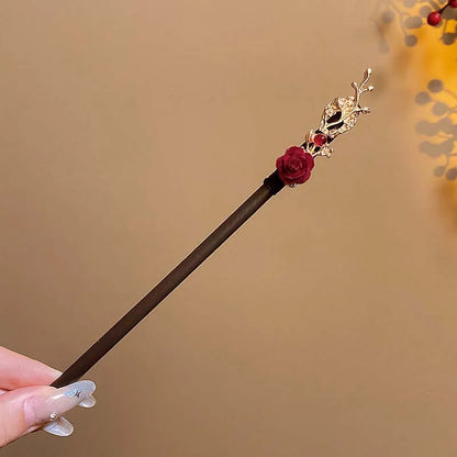 Vintage Chinese Wooden Hair Stick with Red Flower – Hanfu Hairpin Hair Fork for Women