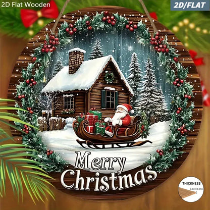 2D Wooden Christmas Wreath Sign – Embossed Santa Claus Sleigh Scene Door & Wall Decoration for Holiday Home Decor