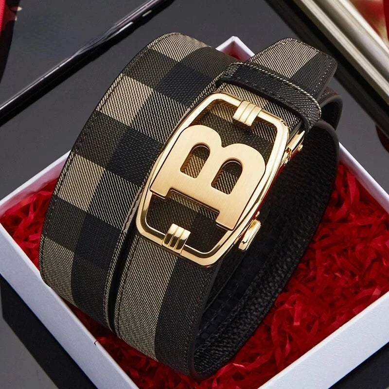 Men's Genuine Leather & Canvas Belt 3.4cm Classic Buckle Casual Jeans Waist Belt