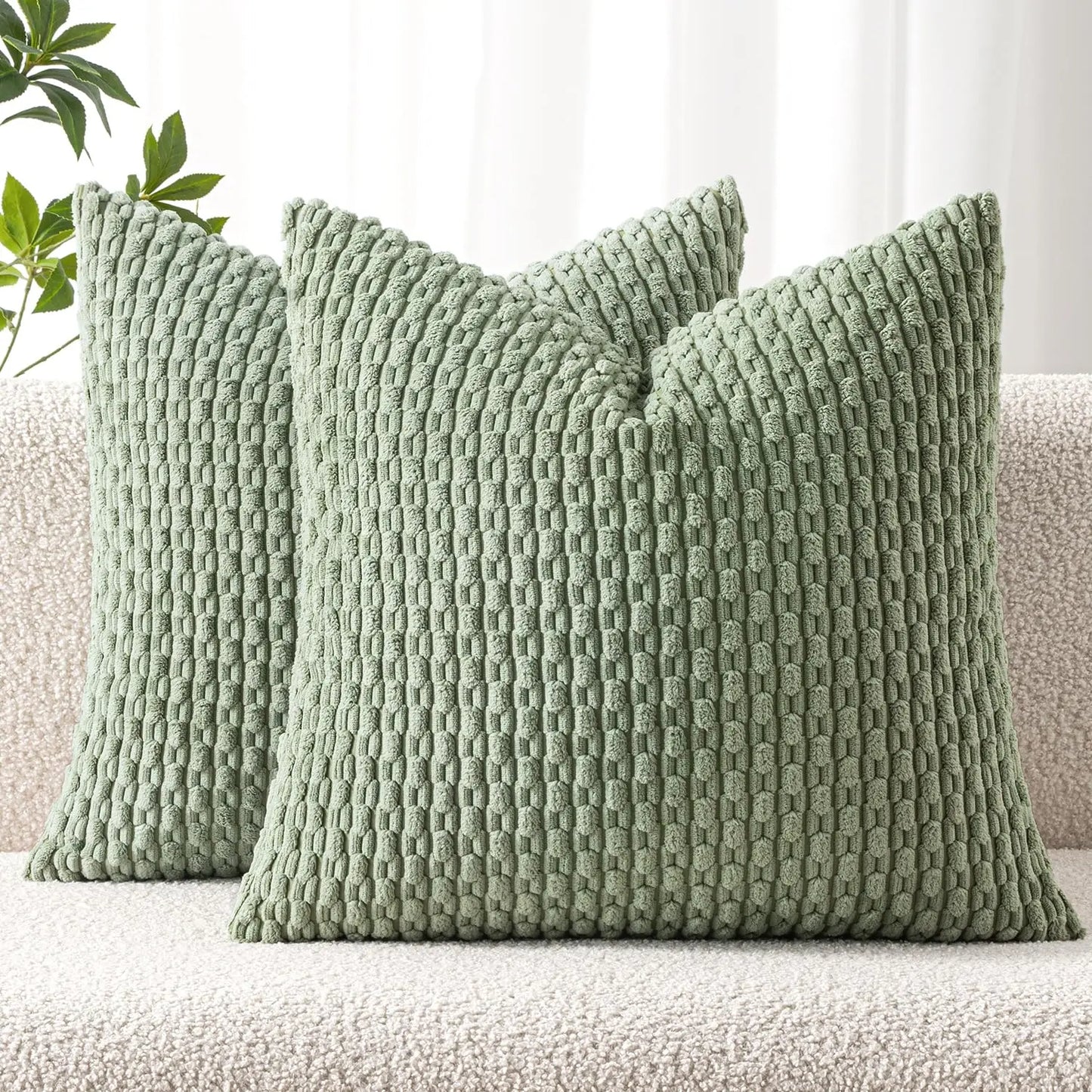 Funda de almohada a rayas verdes de pana - Funda de cojín decorativa rústica bohemia de 20x20 pulgadas para sofá y sala de estar