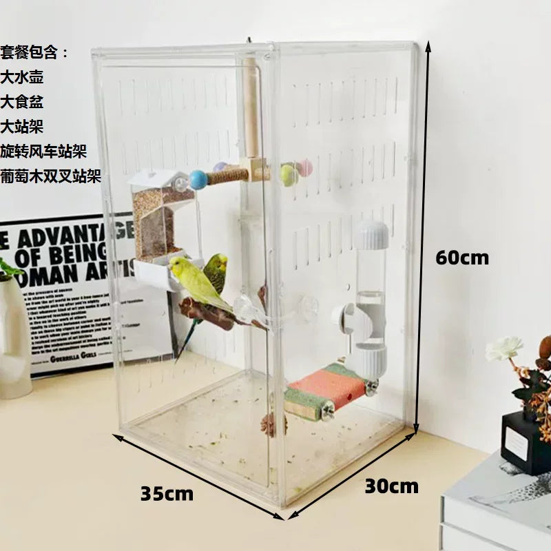 360° Clear View Acrylic Bird Cage – Splash-Proof Parrot Enclosure for Cockatiels & Mynah Birds, Easy-Clean Aviary Pet Supplies