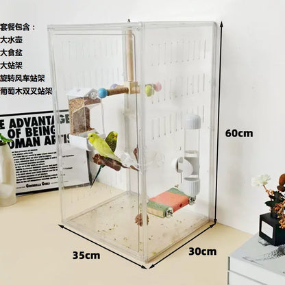 360° Clear View Acrylic Bird Cage – Splash-Proof Parrot Enclosure for Cockatiels & Mynah Birds, Easy-Clean Aviary Pet Supplies