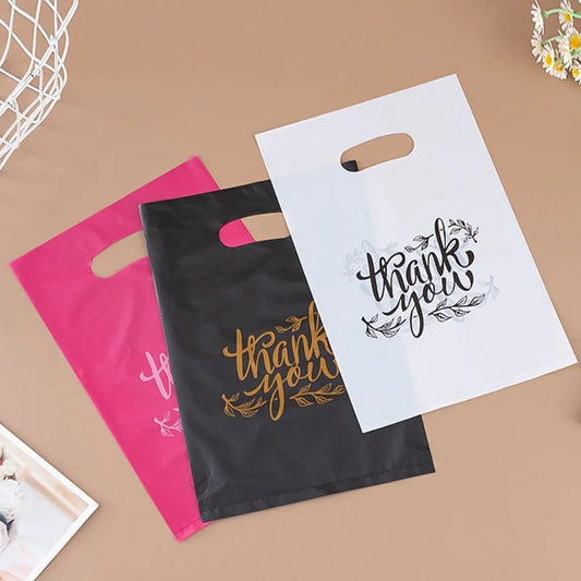 10/50/100 BOLSAS DE PLÁSTICO DE AGRADECIMIENTO – Bolsas de compras para pequeñas empresas, para bodas, cumpleaños, dulces, pasteles, tiendas minoristas y embalaje de regalos