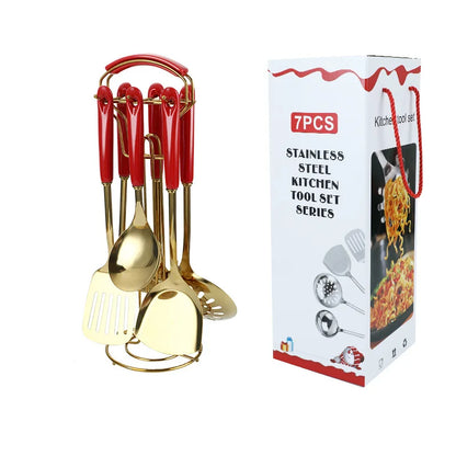 7PCS Stainless Steel Kitchen Utensil Set – Cooking Spatula & Soup Spoon with Ceramic Handles, Nordic Style Kitchenware