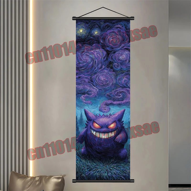 Pokémon Anime Wall Poster – Gengar Eevee Pikachu Scroll Painting Retro Canvas Artwork for Home Decor