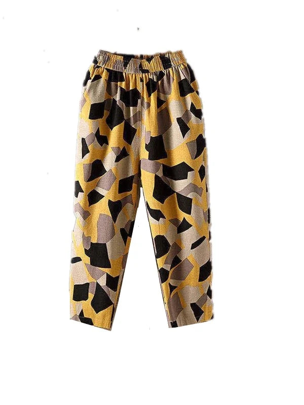 Pantalones Harlan de Verano para Mujer de Lino y Algodón, de Cintura Alta, Sueltos, Delgados, Estampados, Informales, tipo Farol, de Nueve Puntos con Bolsillos