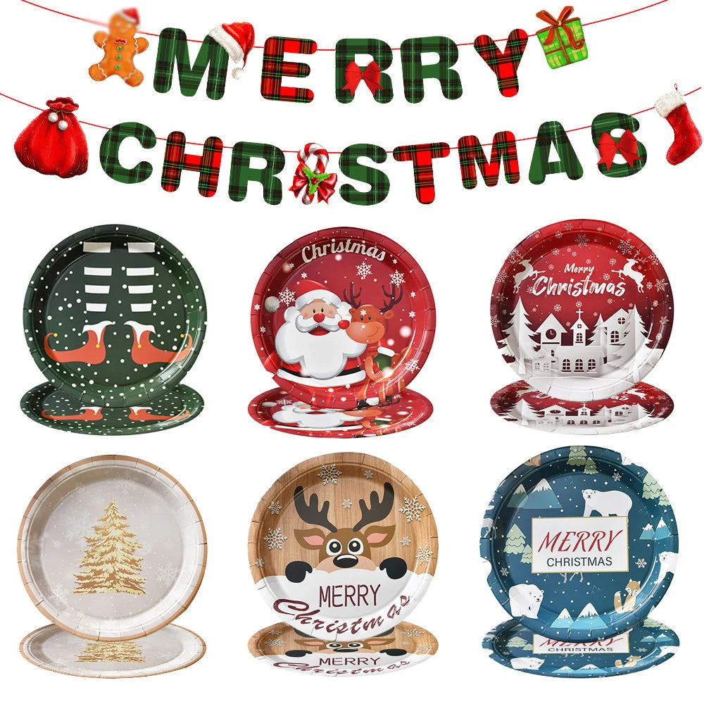 9-Inch Merry Christmas Paper Plates – Santa Claus, Christmas Tree & Elk Round Disposable Plates for Xmas Party & Table Decor