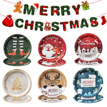 9-Inch Merry Christmas Paper Plates – Santa Claus, Christmas Tree & Elk Round Disposable Plates for Xmas Party & Table Decor