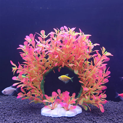 Artificial Underwater Aquarium Plants – Plastic Aquatic Wreath & Fake Shrub Decorations with Green Grass and Pink Accents for Fish Tanks