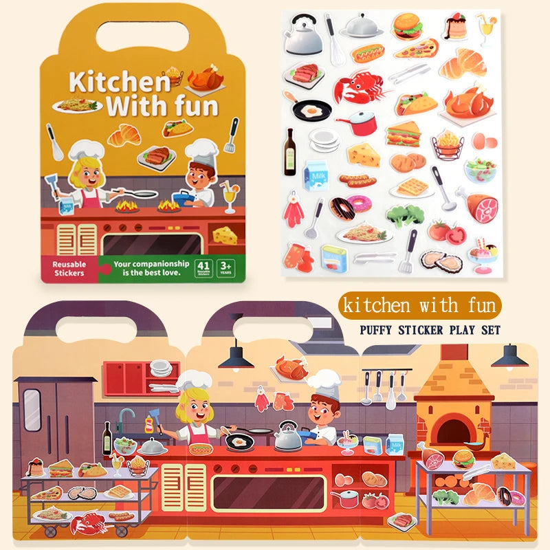Libro de pegatinas DIY para niños – Libro de actividades de pegatinas de escenas de burbujas reutilizables, juguete portátil y silencioso, manualidades creativas de aprendizaje de pegatinas de gelatina para niños