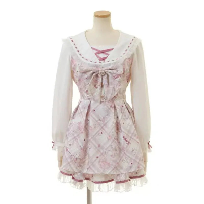 Vestido japonés Sweet Lolita Kawaii para mujer 2025, estampado de primavera, lazo, vestido falso de dos piezas, estilo coreano, ropa de fiesta