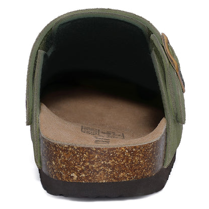 Kidmi Zuecos de ante de vaca para mujer y hombre, mules con plantilla de corcho, correa ajustable y soporte para el arco del pie
