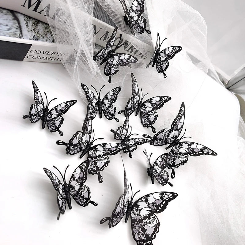 12PCS 3D Blood Rose Butterfly Halloween Wall Stickers, Double-Layer PVC Butterflies, Self-Adhesive Gothic Wall Decals, Spooky Party Decorations, Halloween Home Decor