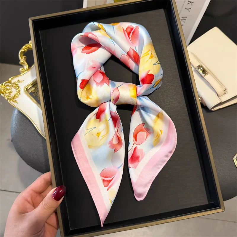 2024 Lujosa Bufanda Cuadrada de Seda de 70cm para Mujer con Estampado Floral, Pañuelo de Diseñador, Fular, Chal, Hiyab, Diadema, Lazos