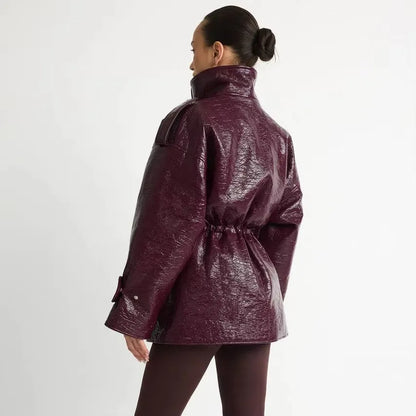Women’s Burgundy Patent Leather Puffer Jacket – Mid-Length Winter Coat with Stand Collar, Epaulets, Multi-Pockets & Drawstring Waist
