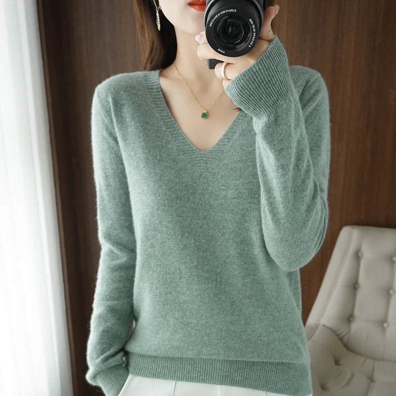 Women's Cashmere-Style V-Neck Sweater – Long-Sleeve Knitted Pullover with Lace Neck & Hollow-Out Detail, Casual Autumn & Winter Top