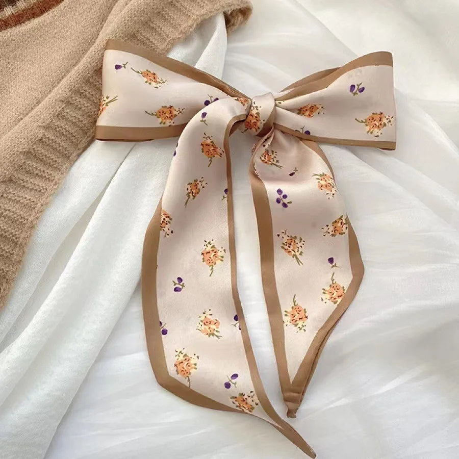 Khaki Nude Silk Scarf Hair Band – Vintage Satin Ribbon Bow Hair Accessory for Women | Elegant Fashion Hair Tie