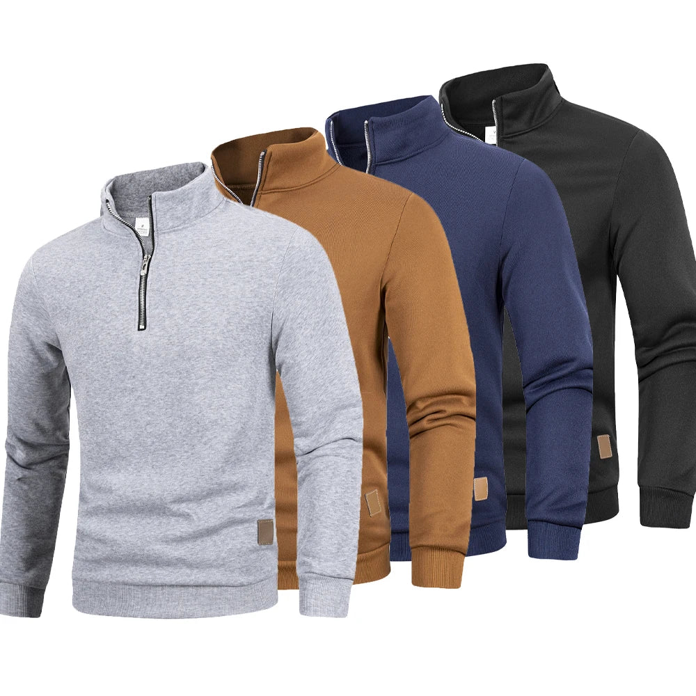 Sudadera de cuello alto con cremallera para hombre – Suéter cálido, jersey de color liso de manga larga, top casual para otoño e invierno