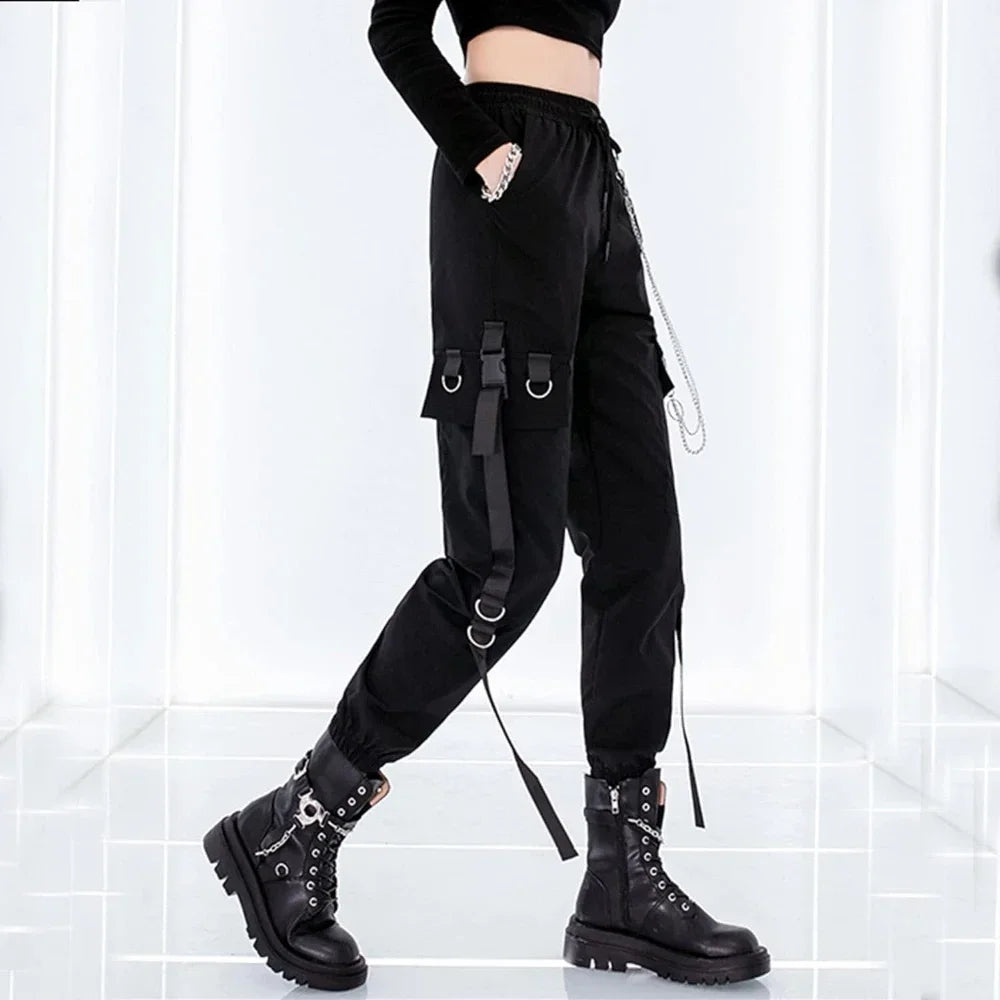 Pantalon Cargo Décontracté Noir pour Femmes Style Coréen Taille Haute Ample Hip Hop Jambe Droite Printemps Automne
