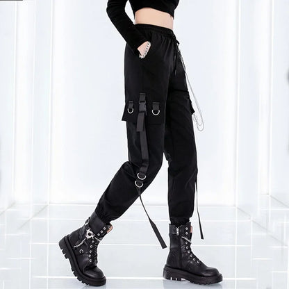 Pantalon Cargo Décontracté Noir pour Femmes Style Coréen Taille Haute Ample Hip Hop Jambe Droite Printemps Automne
