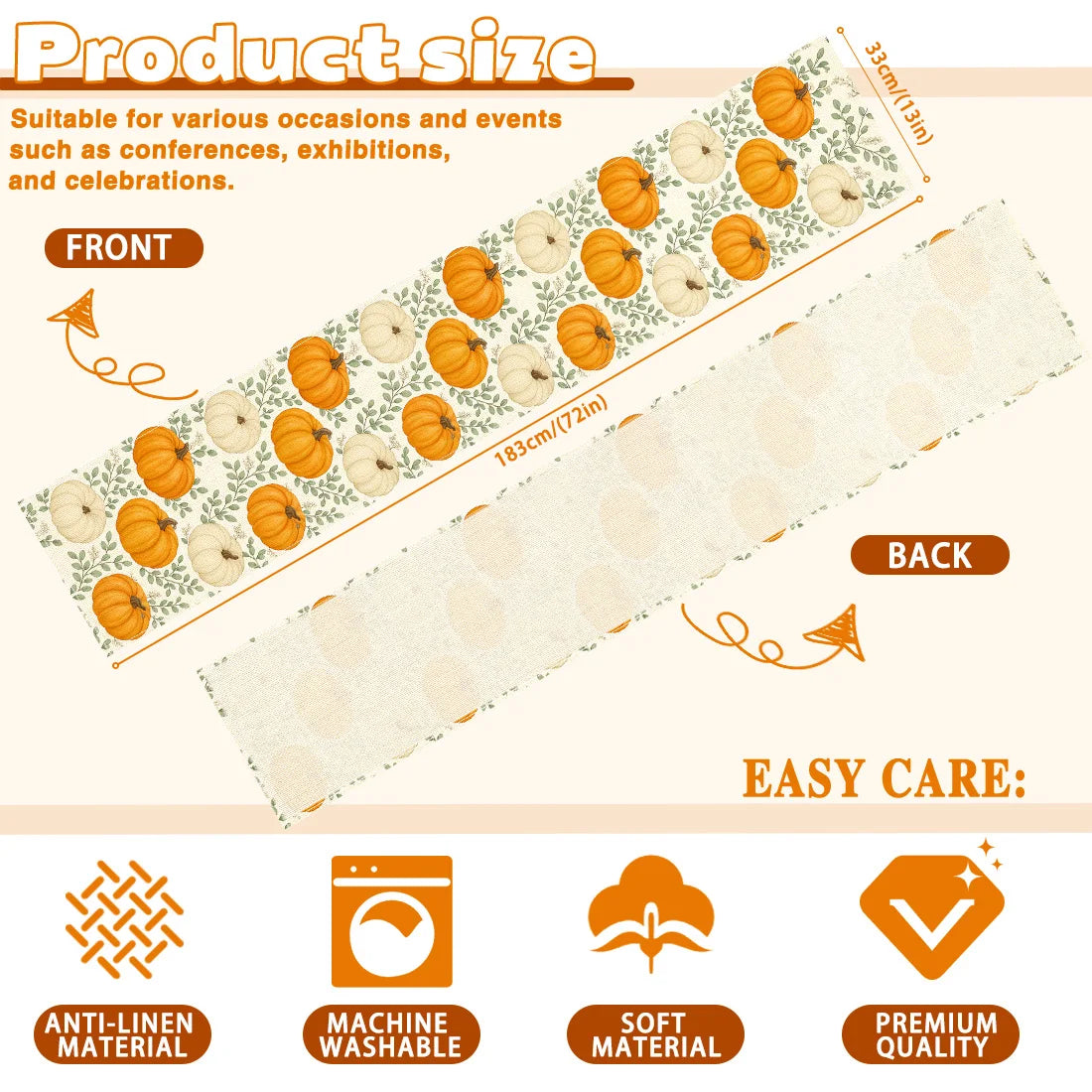 Autumn Pumpkin Illustration Table Runner – Durable Fall Table Decor for Weddings, Kitchen, Dining Room, Thanksgiving & Parties