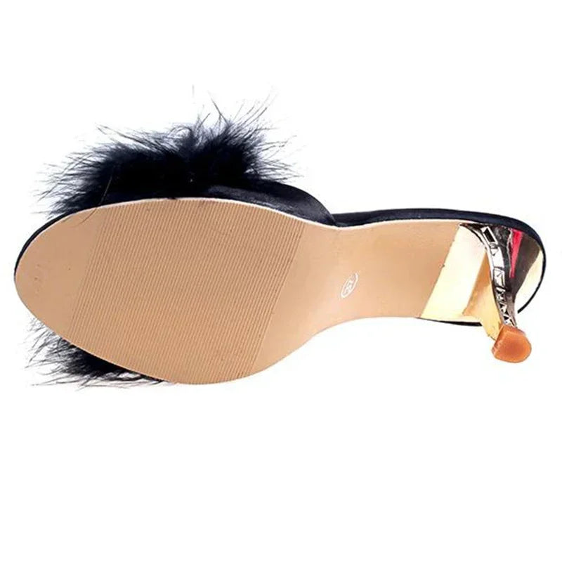Women’s Feather Fur Peep Toe Mules – Thin High Heel Slip-On Sandals & Slides, Elegant Summer Pumps in Big Sizes