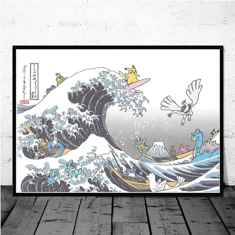Pokémon Pikachu Great Wave of Kanagawa Canvas Wall Art – Anime Comic Poster Home Decor