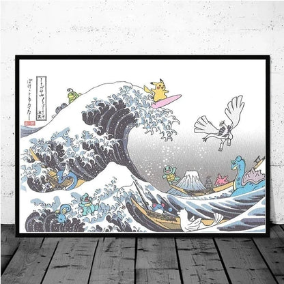 Pokémon Pikachu Great Wave of Kanagawa Canvas Wall Art – Anime Comic Poster Home Decor