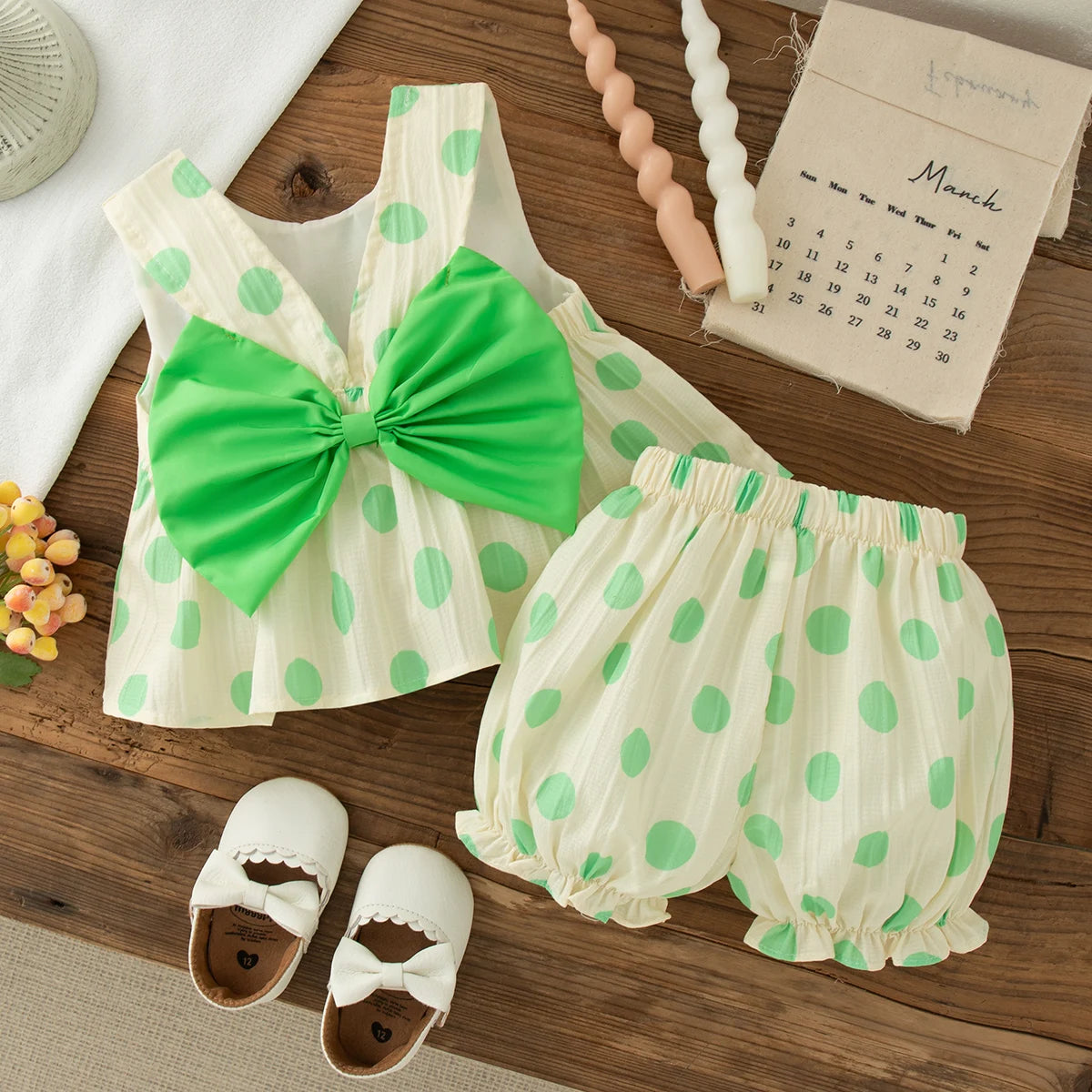 Baby Girl Bow Top & Polka Dot Shorts Set Sleeveless Summer 2-Piece Outfit for 6 Months–3 Years