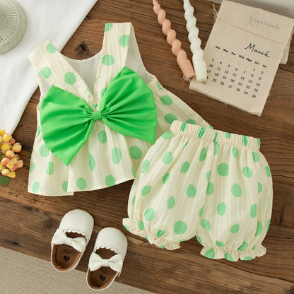 Baby Girl Bow Top & Polka Dot Shorts Set Sleeveless Summer 2-Piece Outfit for 6 Months–3 Years