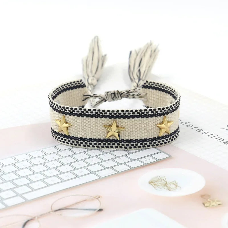 Bohemian Star Tassel Bracelet – Handmade Woven Alloy Gold Rivet Wrist Strap for Women | Ethnic Fashion Jewelry Gift