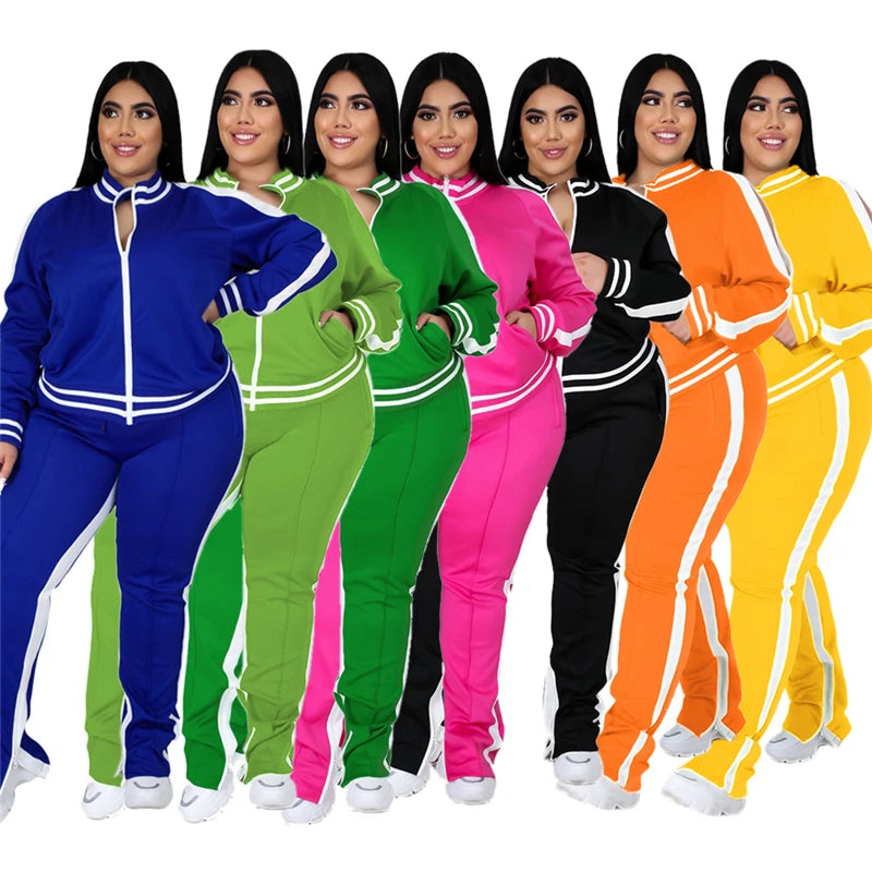Plus Size L-5XL Women's 2-Piece Sweatsuit Set – Zip-Up Striped Top & Slit Jogger Sweatpants, Casual Matching Outfit for Everyday Wear