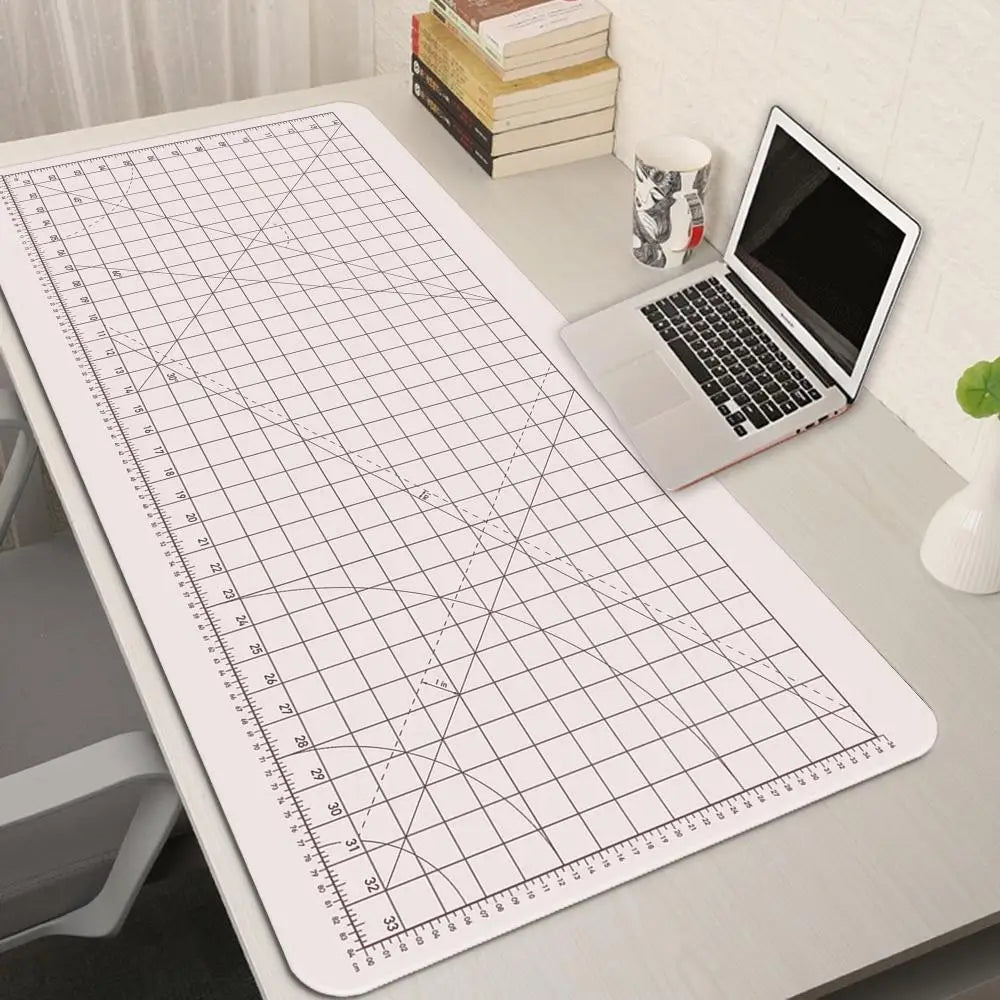 Large Gaming Mouse Pad with Green Grid Cutting Mat Design – Extended Anti-Slip Desk Mat with Stitched Edges for Keyboard, Gaming & Home Office