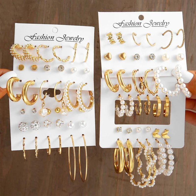 Boucles d'oreilles créoles dorées grand cercle pour femmes, ensemble bohème vintage, perle, cœur, zircon, clous, bijoux cadeau