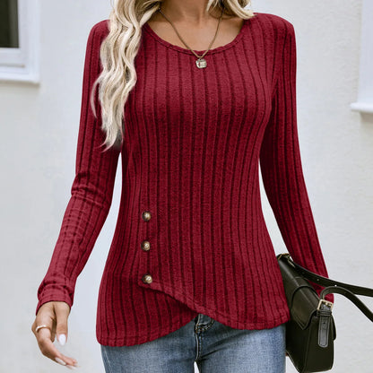 Women's Western Long Sleeve Top – Round Neck Fitted Waist-Cinched T-Shirt for Autumn Casual European & American Fashion
