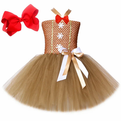 HJTT Girls' Gingerbread Man Christmas Costume Dress, Brown Tulle Tutu Outfit for Kids, Cute Xmas Carnival Party Dress-Up Clothes for Holiday Celebrations and Cosplay
