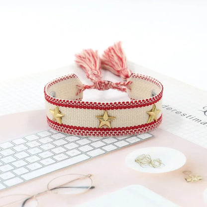Bohemian Star Tassel Bracelet – Handmade Woven Alloy Gold Rivet Wrist Strap for Women | Ethnic Fashion Jewelry Gift