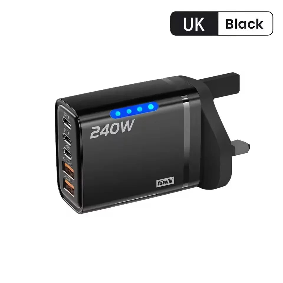5-in-1 240W GaN Desktop Charger – 3PD + 2USB Fast Charging Adapter with 10A USB-C Cable for iPhone 17/16 Pro, Samsung & Laptops