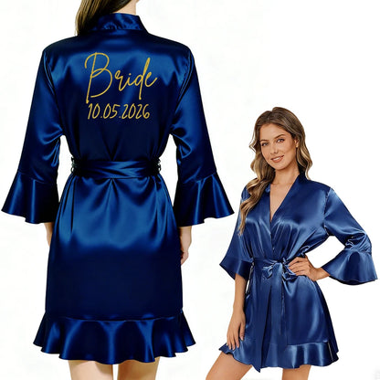 Elegant Satin Bathrobe – Personalized Wedding Date Bride Bridesmaid Robe Gift for Bridal Party Women