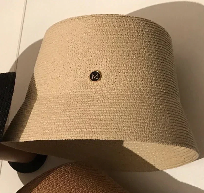 Japanese Designer M Straw Woven Summer Sun Hat for Women Casual Travel Panama Bucket Hat Sunscreen Slim-Face Luxury