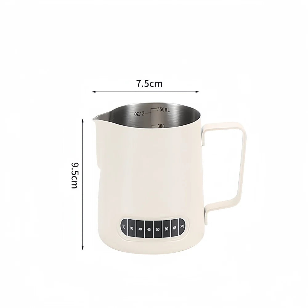 Jarra para espumar leche de café con indicador de temperatura - Jarra espumadora de leche de acero inoxidable con escala de medición para Latte Art y Espresso
