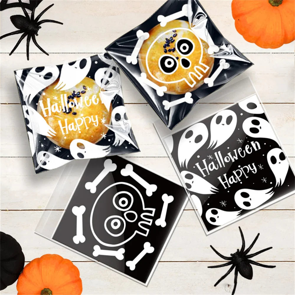 100PCS Halloween Candy Bags, Plastic Gift Packaging Bags with Ghost Pumpkin and Spider Prints, Trick or Treat Goodie Bags, Halloween Party Favors and Decorations