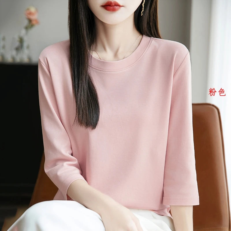 Camiseta de algodón mercerizado para mujer, manga corta, cuello redondo, top básico suave de verano