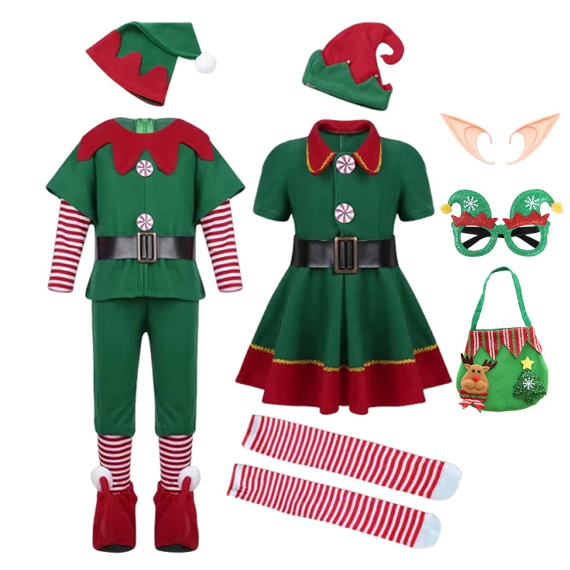 Kids Christmas Santa Claus and Green Elf Costume Set, Boys and Girls Holiday Cosplay Outfit, Festive Fancy Dress for Christmas Parties, Family Carnivals, Halloween Events and Seasonal Celebrations