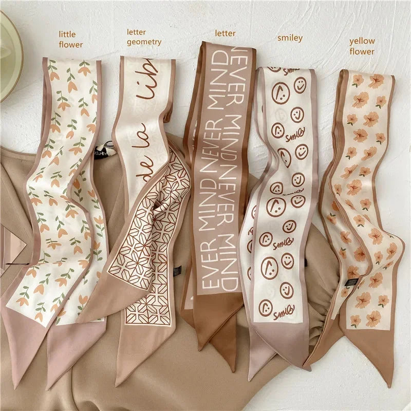 Khaki Nude Silk Scarf Hair Band – Vintage Satin Ribbon Bow Hair Accessory for Women | Elegant Fashion Hair Tie